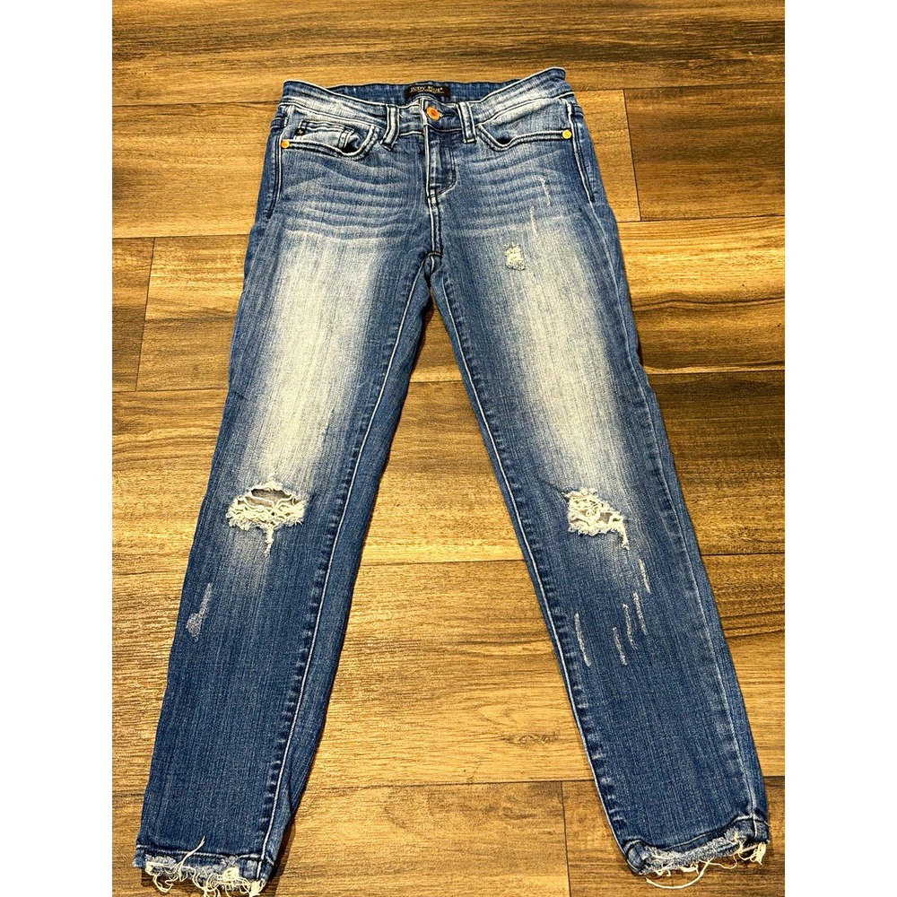 Judy Blue Jeans Women's 3/26 Distressed Skinny Medium Wash Ripped Raw Hem